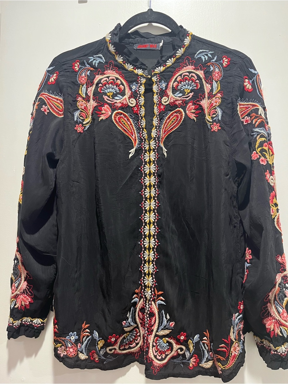 Johnny Was Black Embroidered Boho Tunic Top with Multicolor Floral Stitching